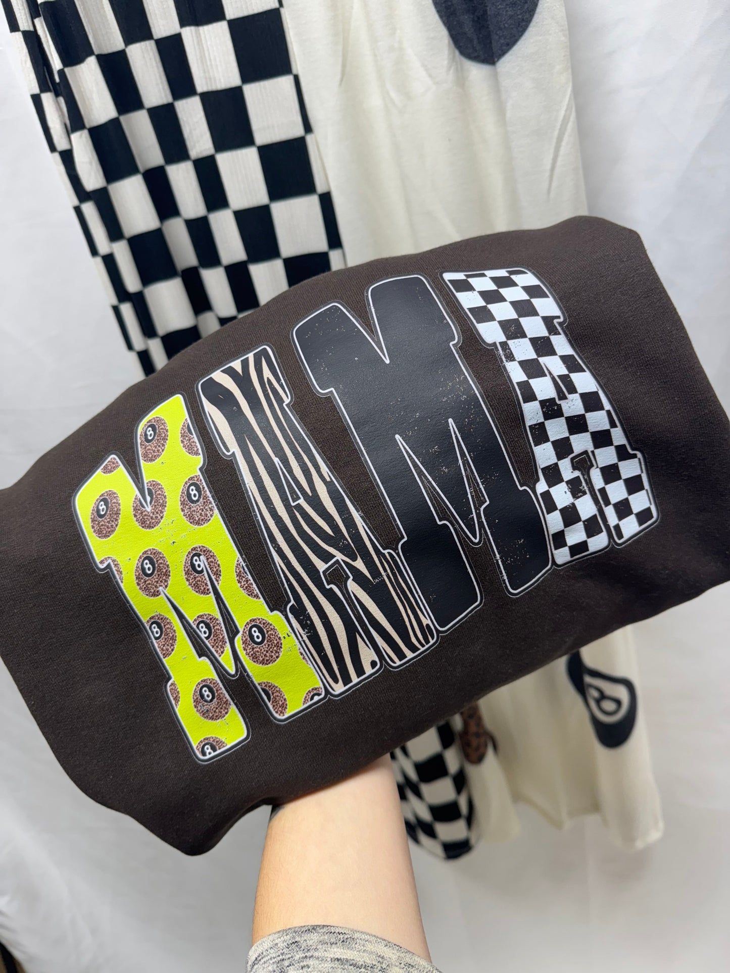 Lime Green Leopard 8 Ball Mama β Dark Chocolate Crewneck | Graphic Sweatshirt