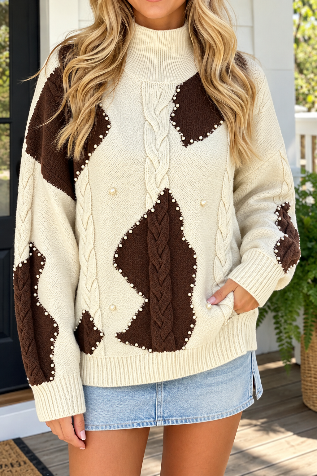 Beige Cable Knit Beaded Sweater
