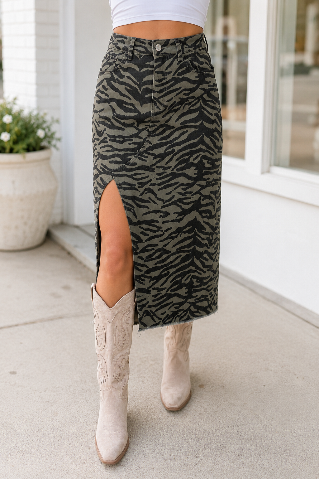 Patterned Denim Split Skirt
