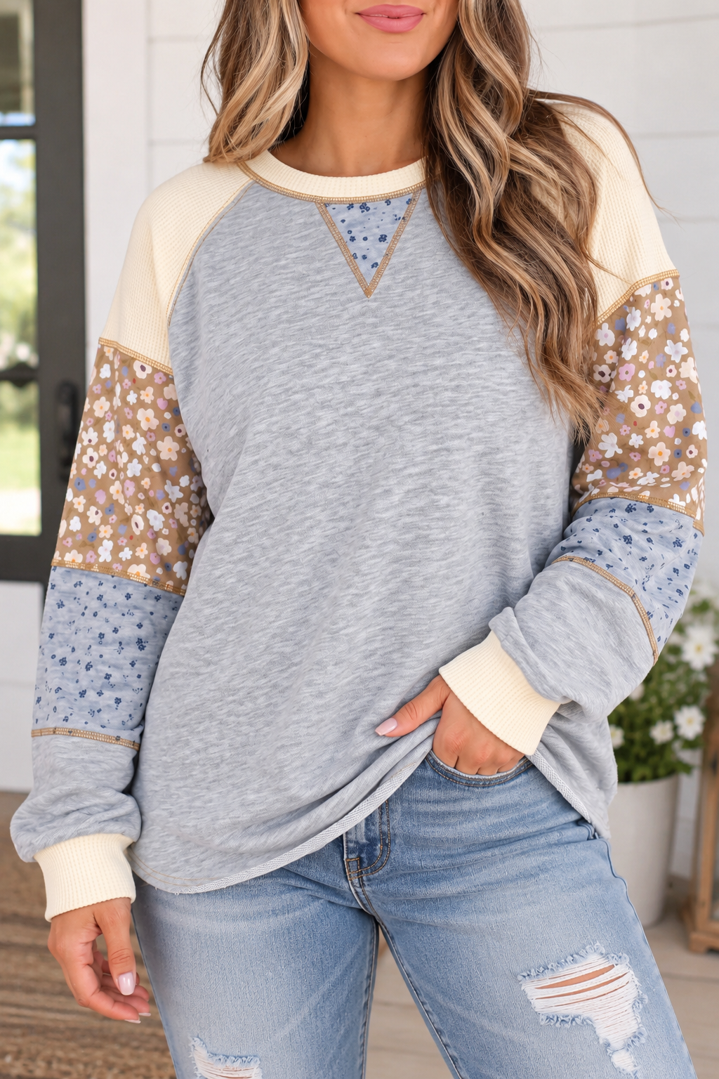 Grey Colorblock Floral Waffle Top