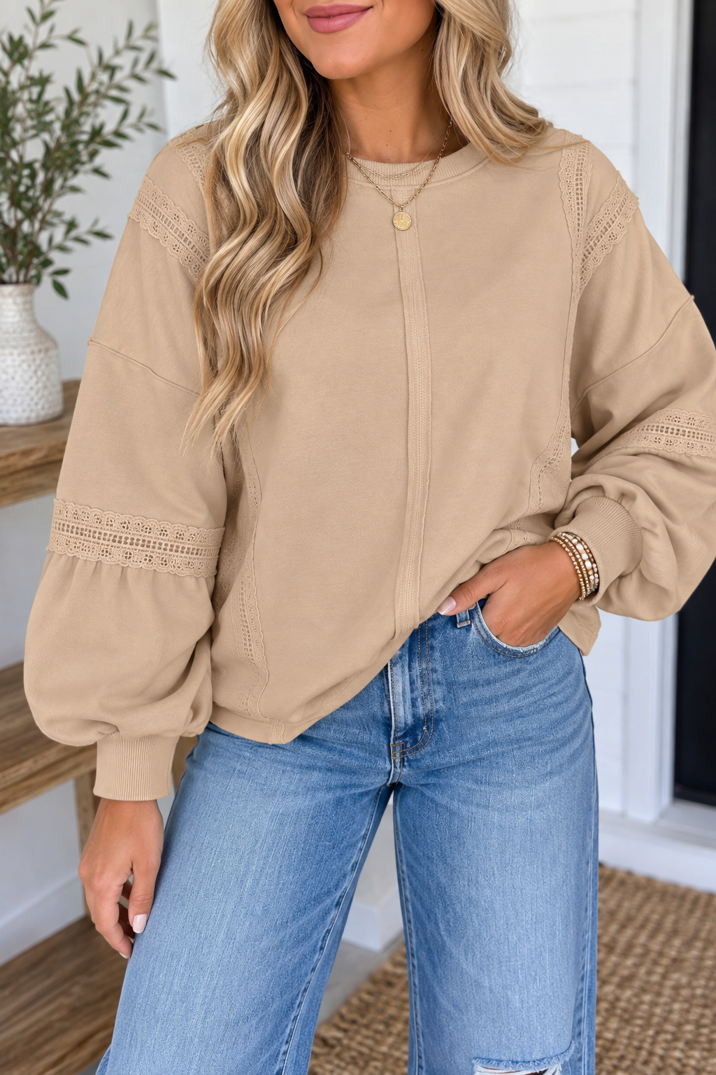 Beige Raw Seam Casual Sweatshirt
