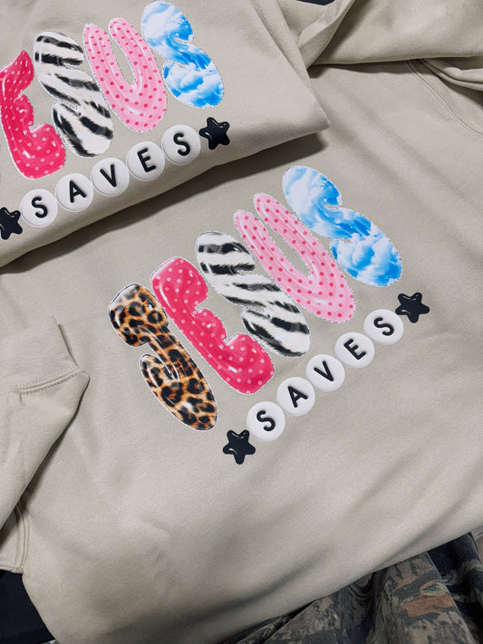 Jesus Saves Graphic Sweatshirt | Christian Crewneck | Leopard Zebra Pink Polka Dot Jesus Sweater