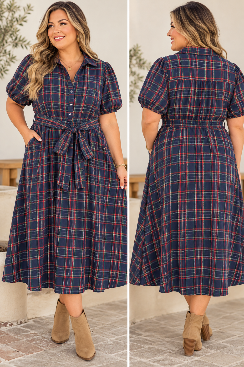 Plaid Belted Plus Dress