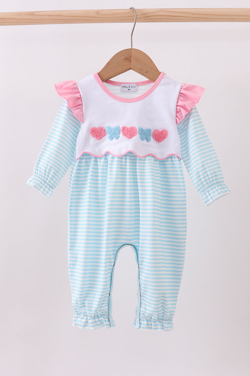 Blue bear embroidery ruffle romper