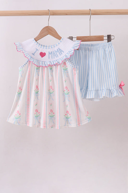 Blue floral I love MAMA smocked ruffle shorts set