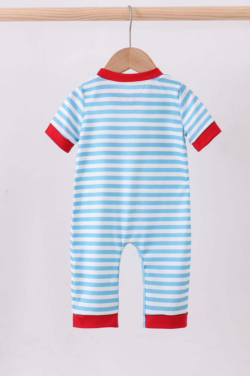 Blue character embroidery stripe romper