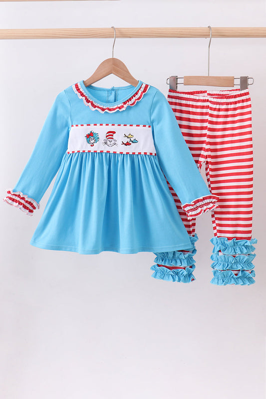 Blue character embroidery pants set