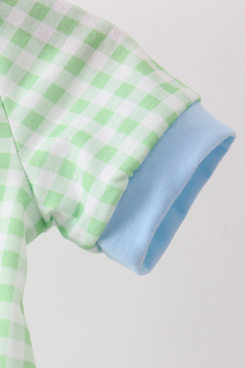 Green dinosaur smocked gingham bubble