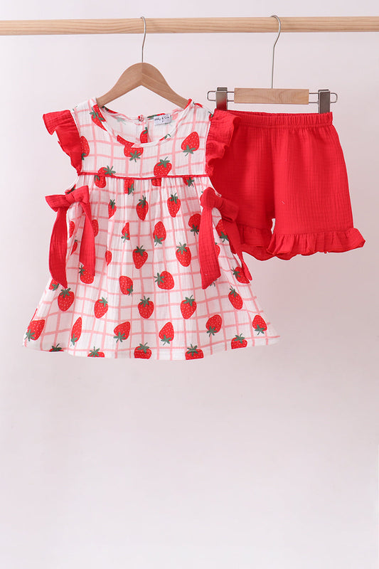 Red strawberry muslin plaid ruffle shorts set