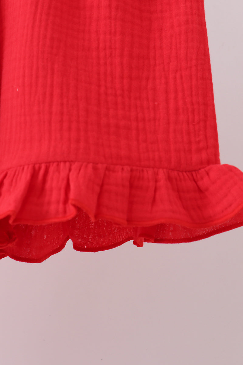 Red strawberry muslin plaid ruffle shorts set