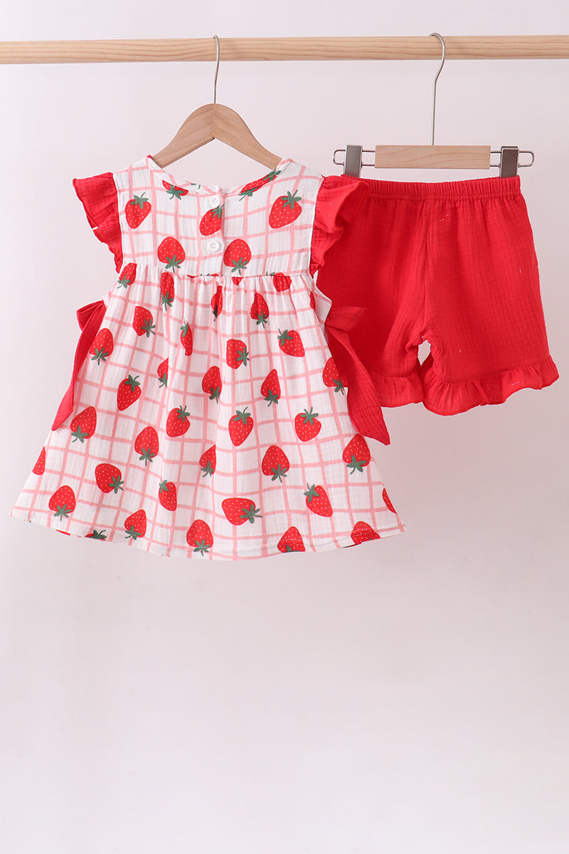 Red strawberry muslin plaid ruffle shorts set