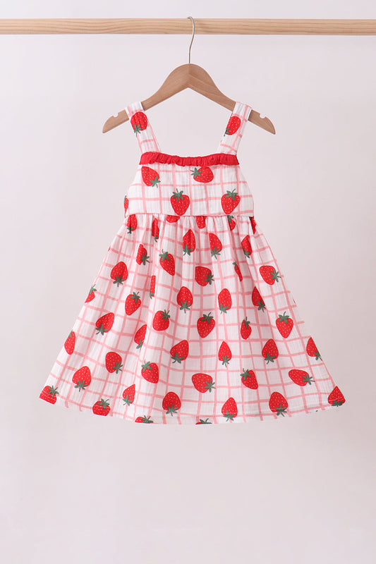 Red strawberry muslin plaid dress
