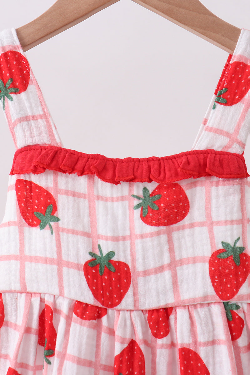 Red strawberry muslin plaid dress