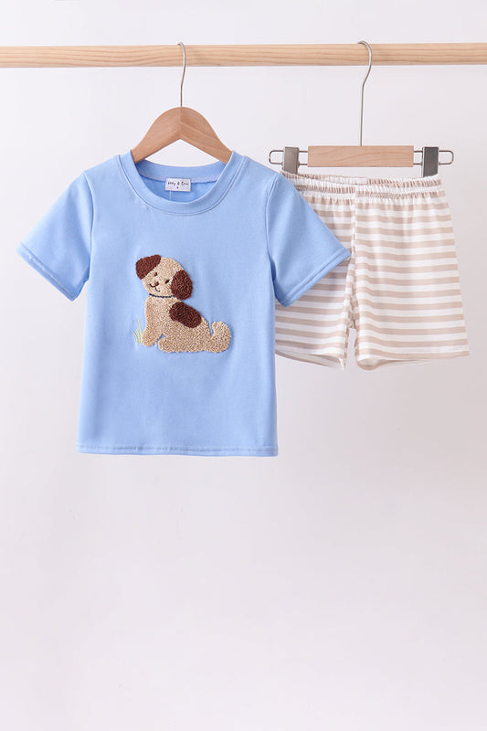 Blue puppy french knot stripe shorts set