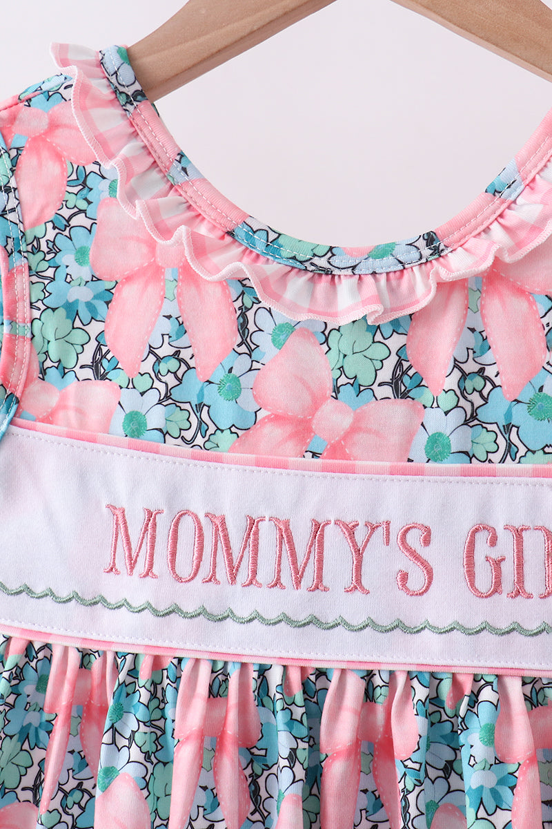 Pink floral mommy's girl embroidery ruffle gingham shorts set