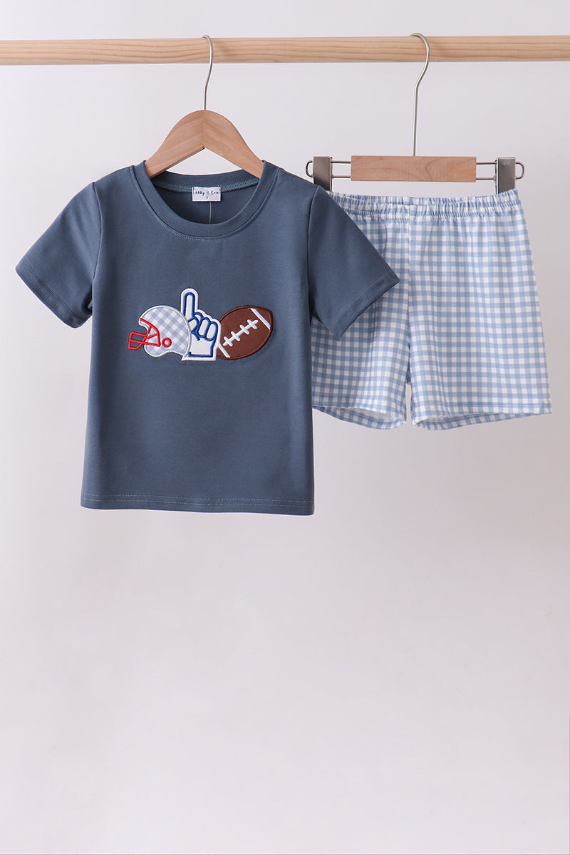 Blue football applique gingham shorts set