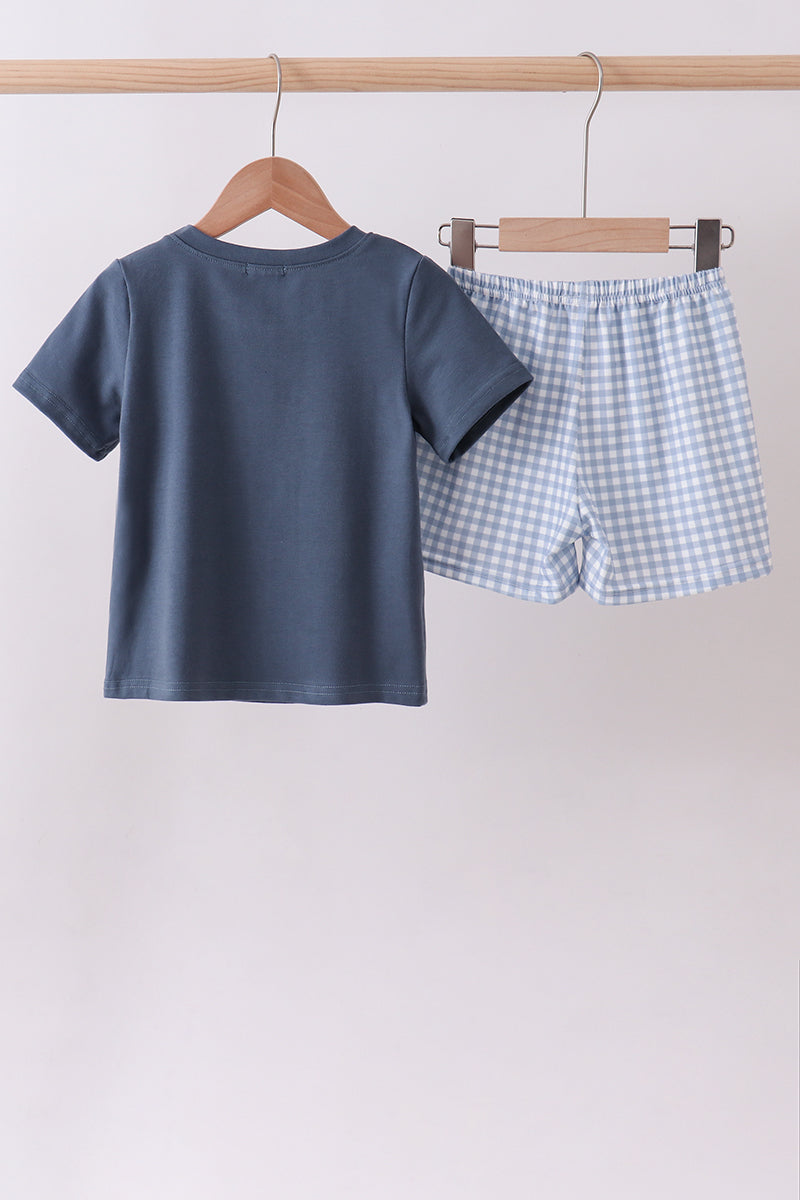 Blue football applique gingham shorts set