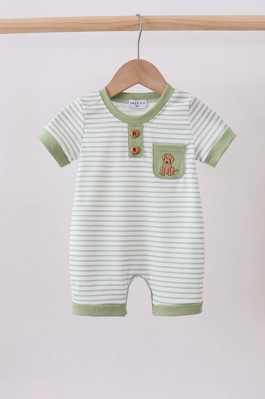 Sage stripe puppy embroidery romper