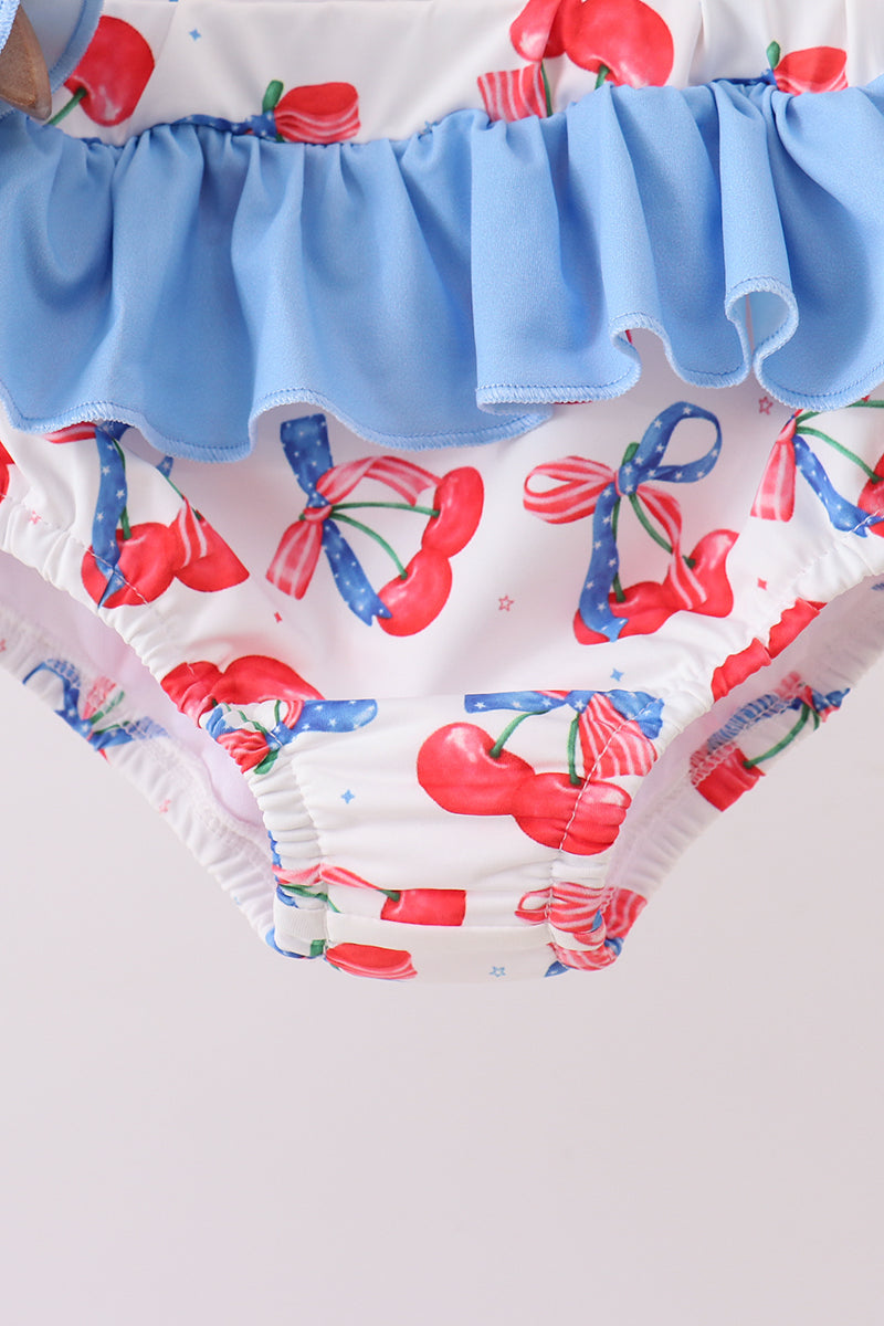 Blue cherry print 2pc ruffle swimsuit