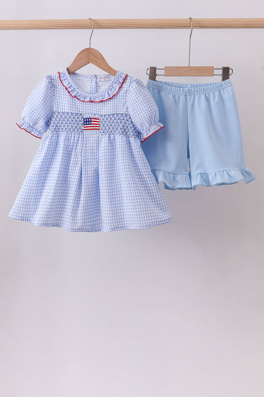 Blue flag smocked ruffle shorts set