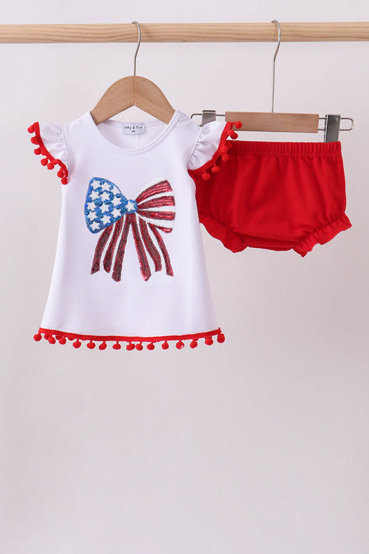 White bow sequin bloomer set
