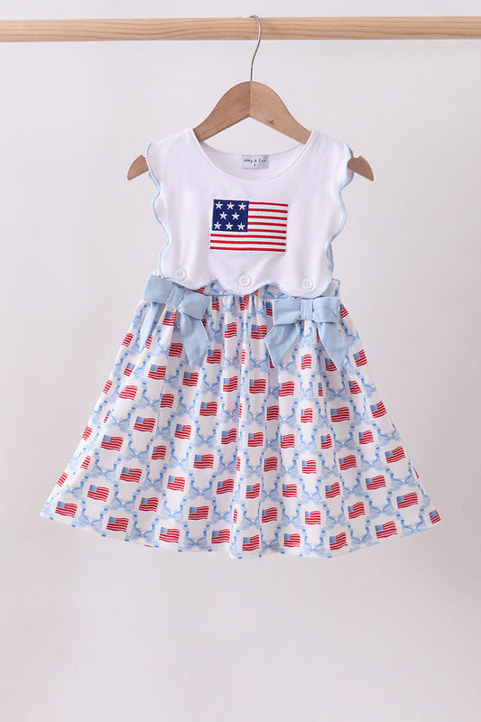Blue flag embroidery bow dress