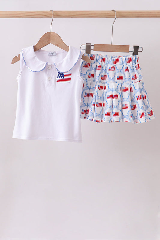 Blue flag embroidery skort set