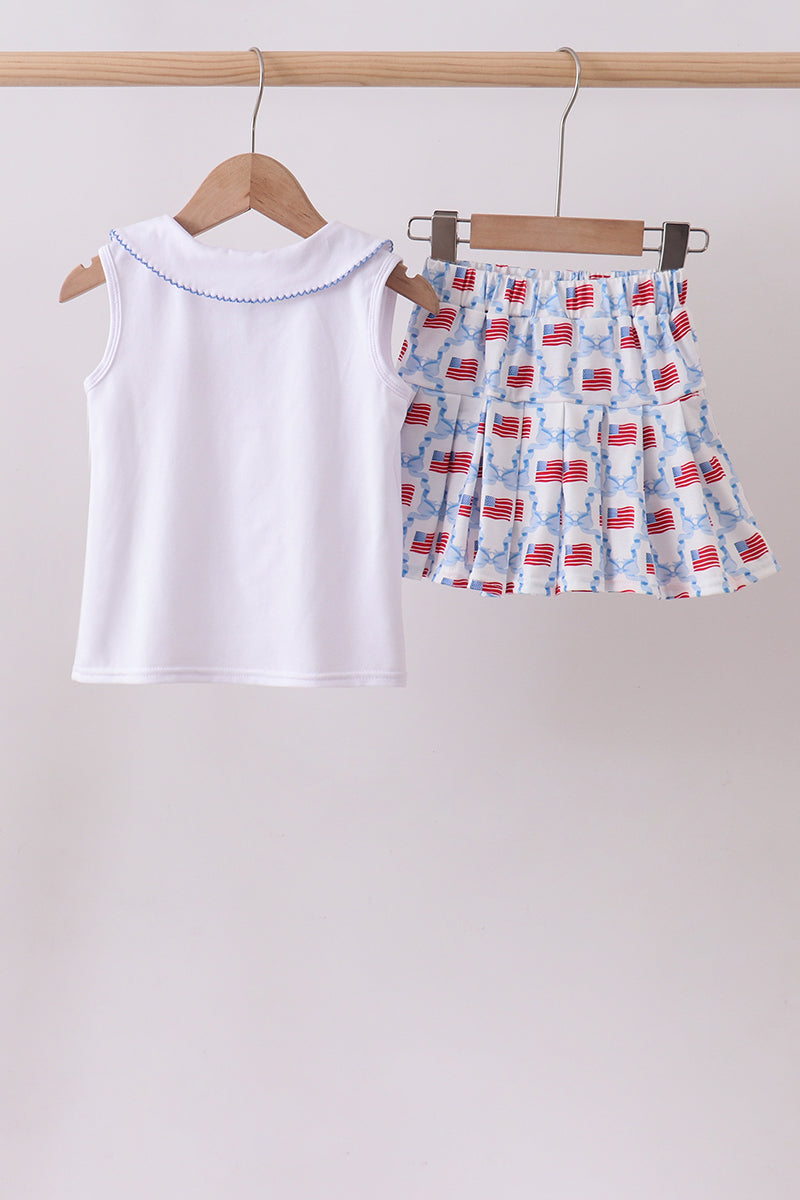 Blue flag embroidery skort set