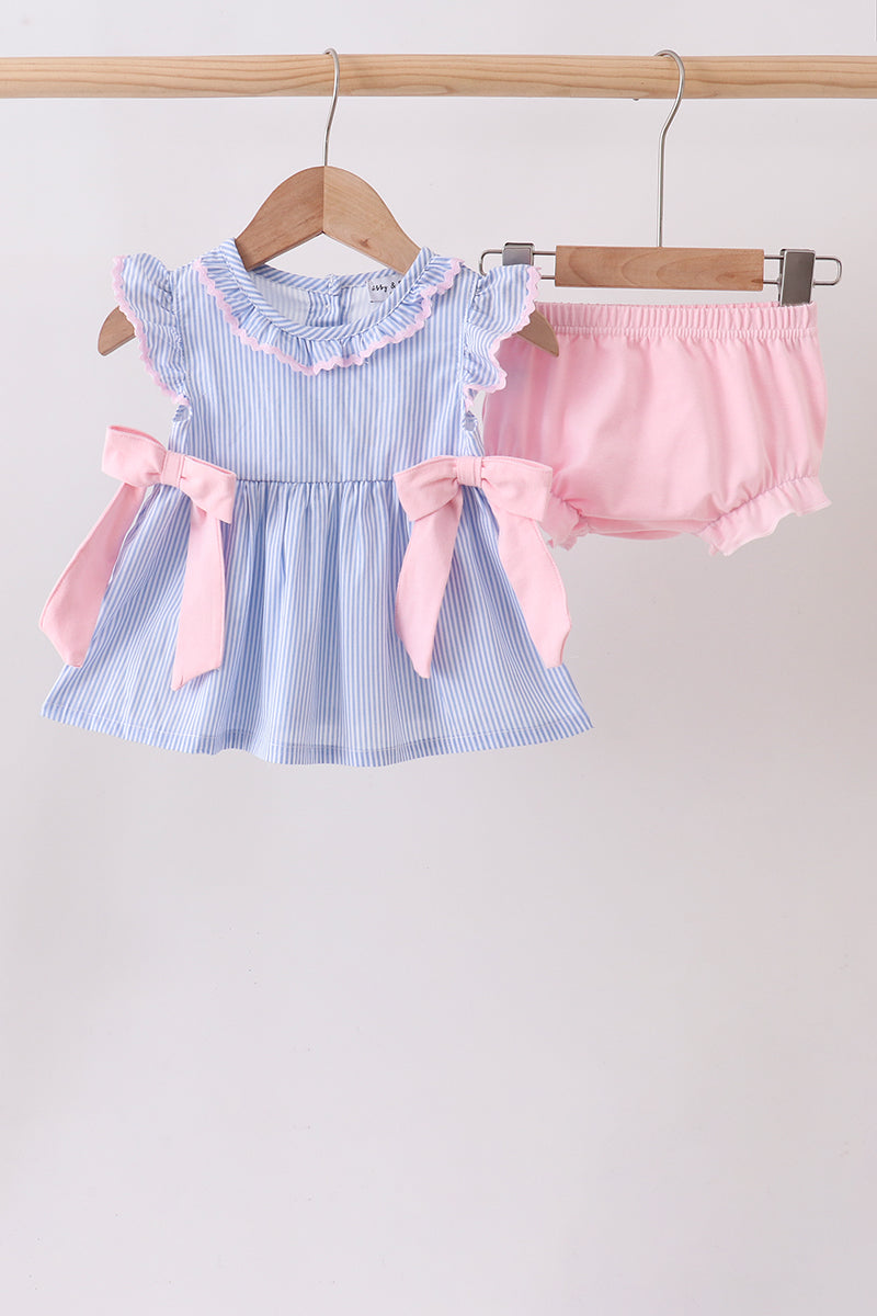 Blue Stripe Bow Seersucker Bloomer Set