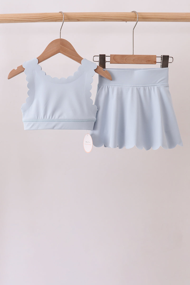 Blue Scalloped Yoga Skorts Set