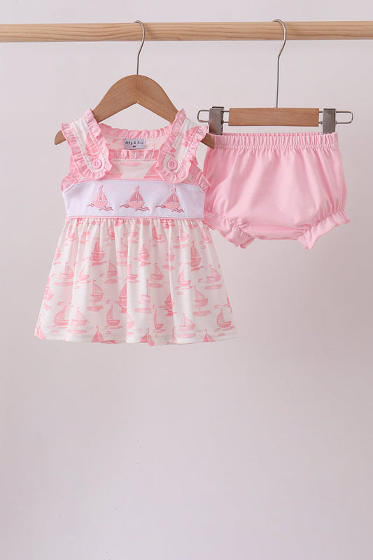 Pink Sailboat Embroidered Knit Bloomer Set