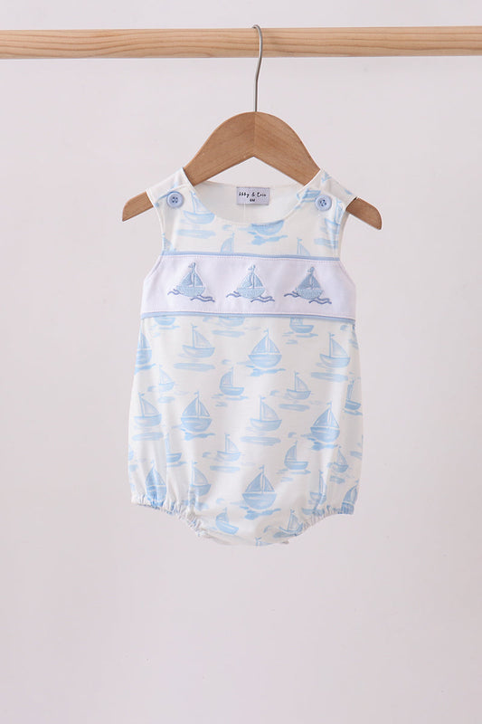 Blue Sailboat Embroidered Knit Bubble