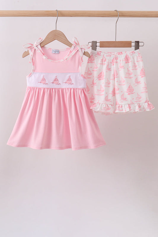 Pink Sailboat Embroidered Knit Set