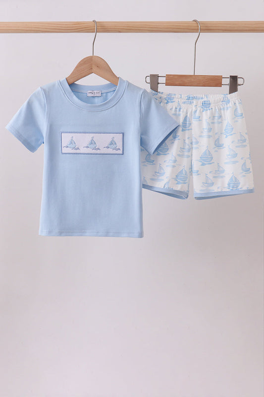 Blue Sailboat Embroidered Knit Set