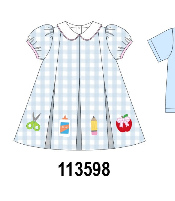 Blue Apple Embroidered Gingham Dress