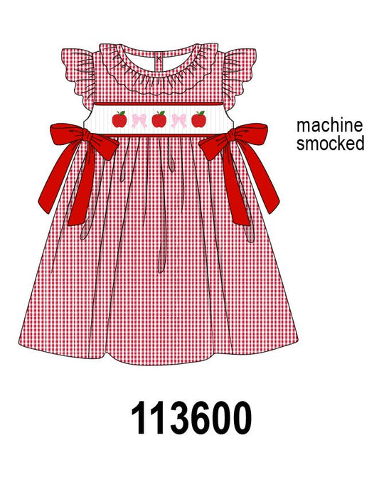 Red Apple Bow Smocked Gingham Dress