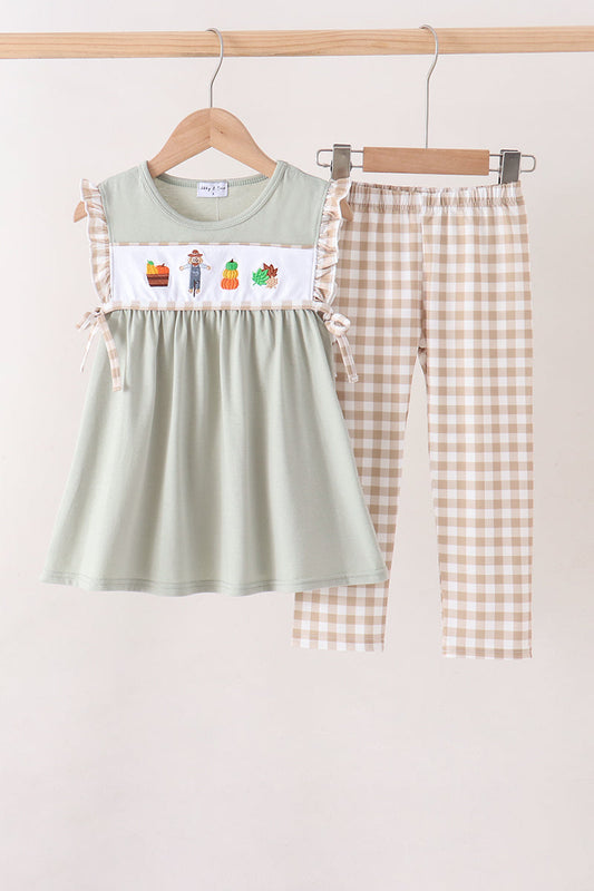 Green Scarecrow Embroidery Ruffle Pants Set