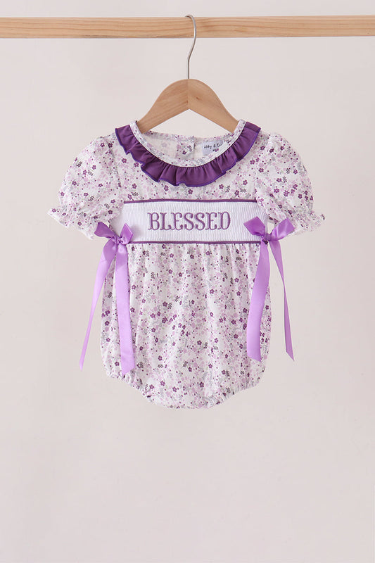 Purple floral blessed smocked ruffle bubble