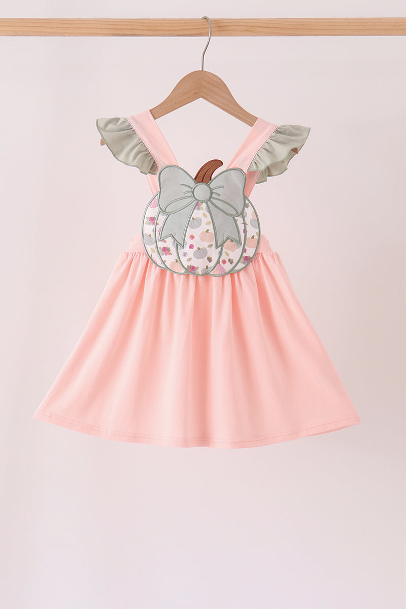 Pink pumpkin bow applique ruffle dress
