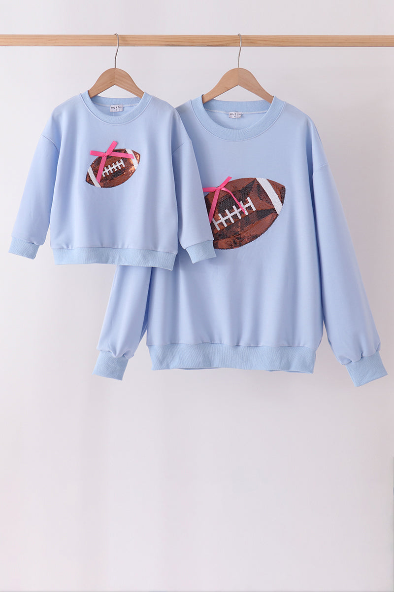 Blue football sequin mom&me top
