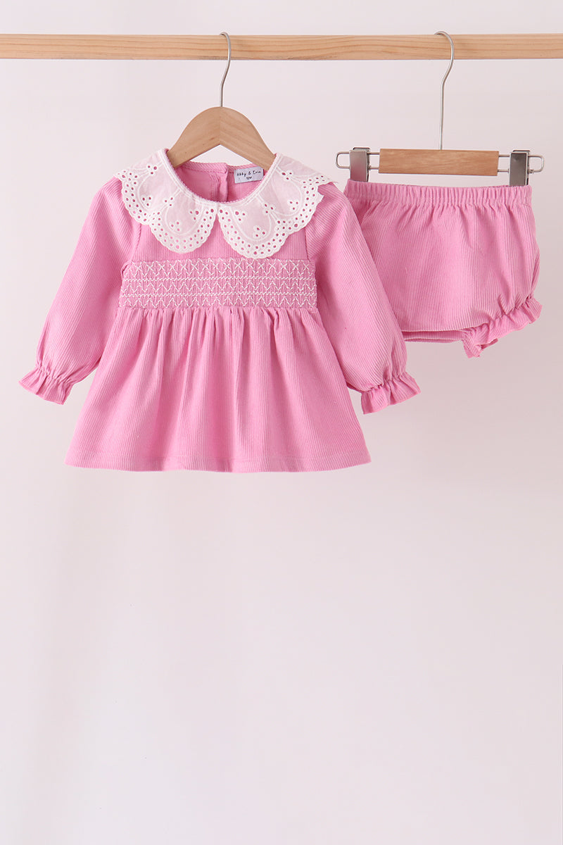 Pink corduroy lace smocked bloomer set
