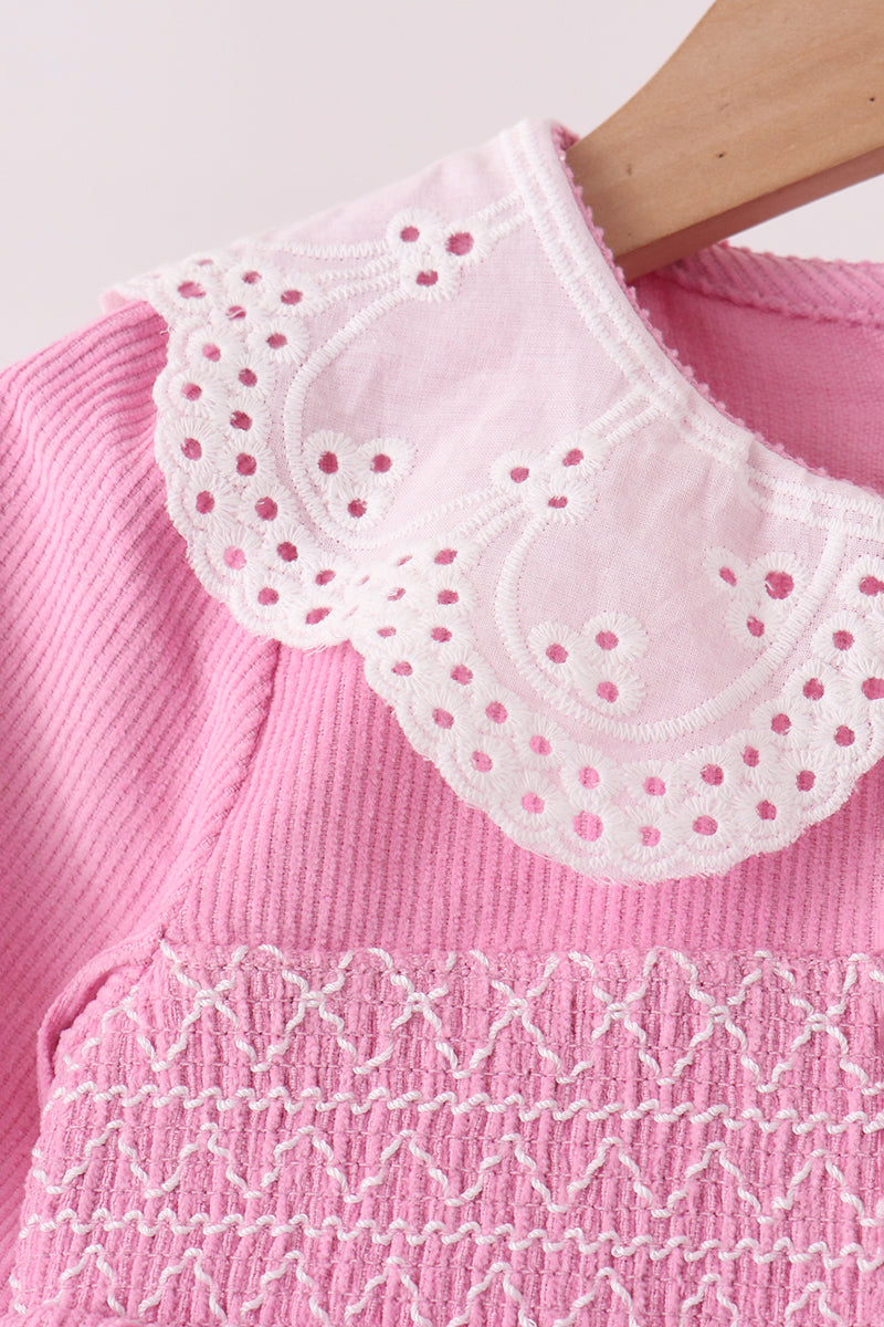 Pink corduroy lace smocked bloomer set