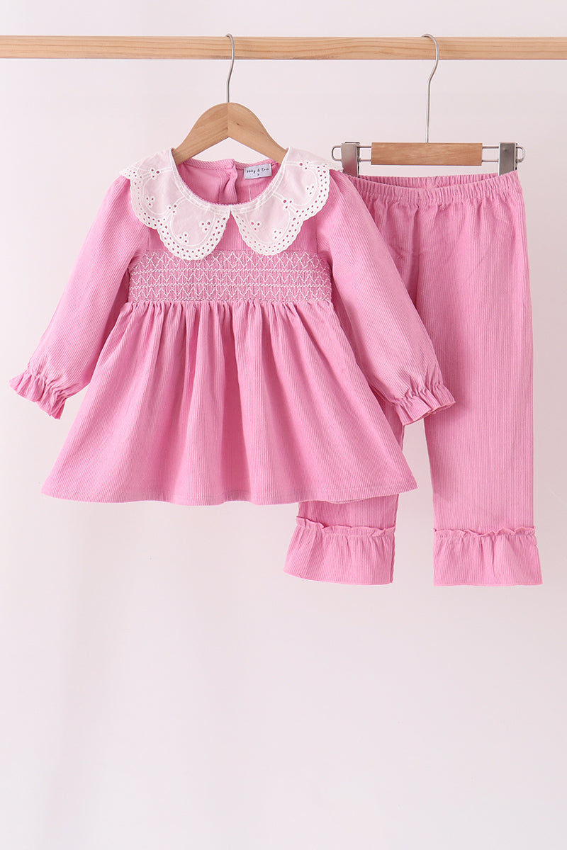 Pink corduroy lace smocked ruffle pants set
