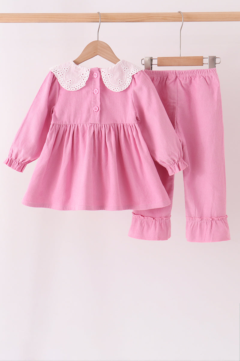 Pink corduroy lace smocked ruffle pants set