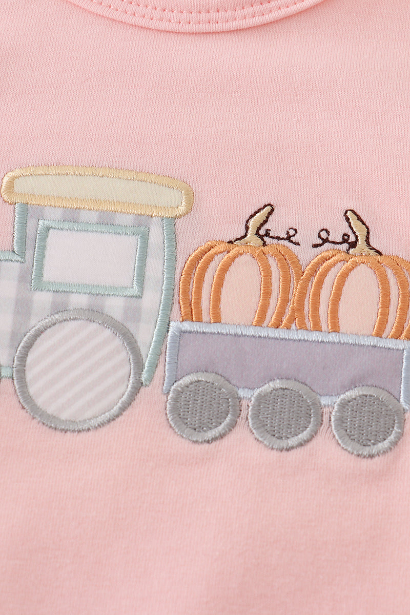 Beige train pumpkin applique girl bubble