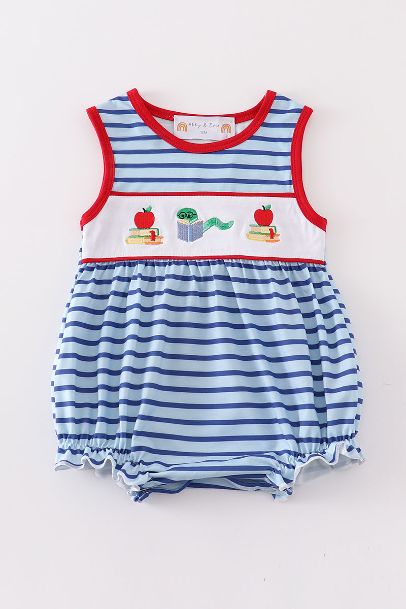 Blue stripe back to school embroidery girl bubble