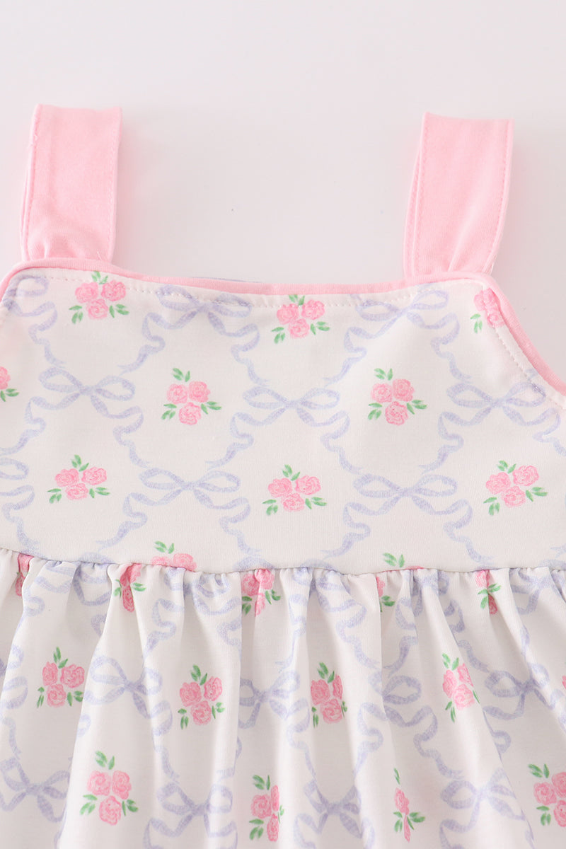 Pink bow floral print girl dress