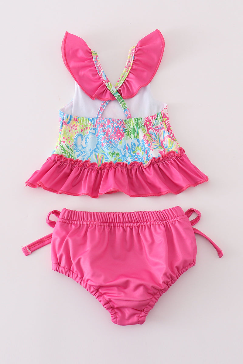 Pink tropical floral girl swimsuit set