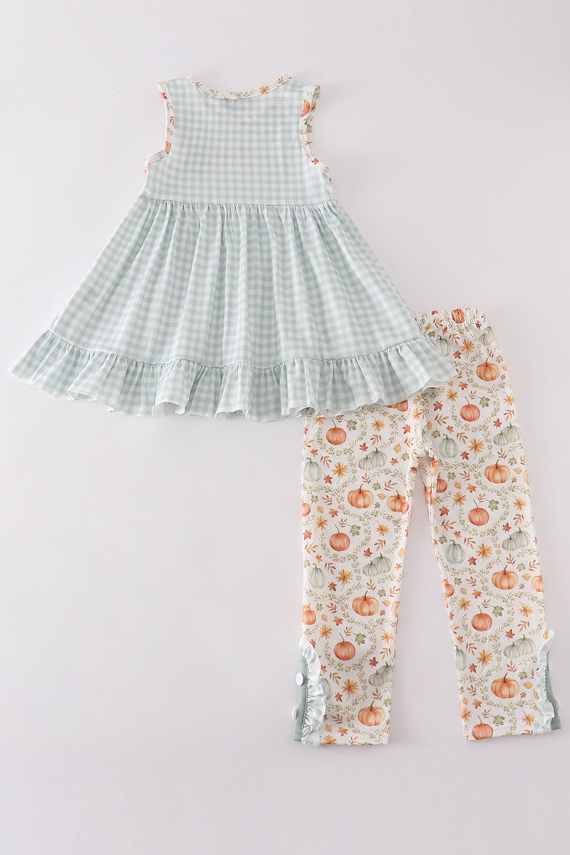 Green pumpkin print girl ruffle set