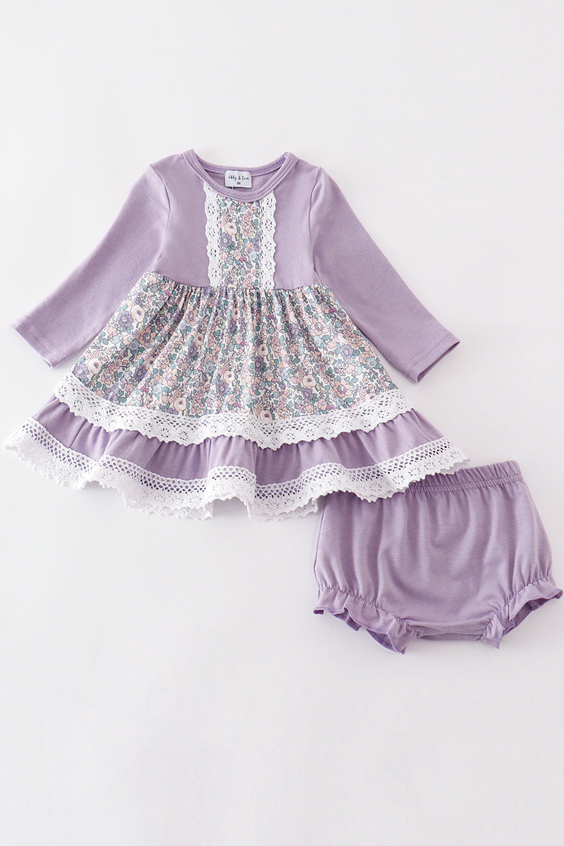 Purple floral print baby set